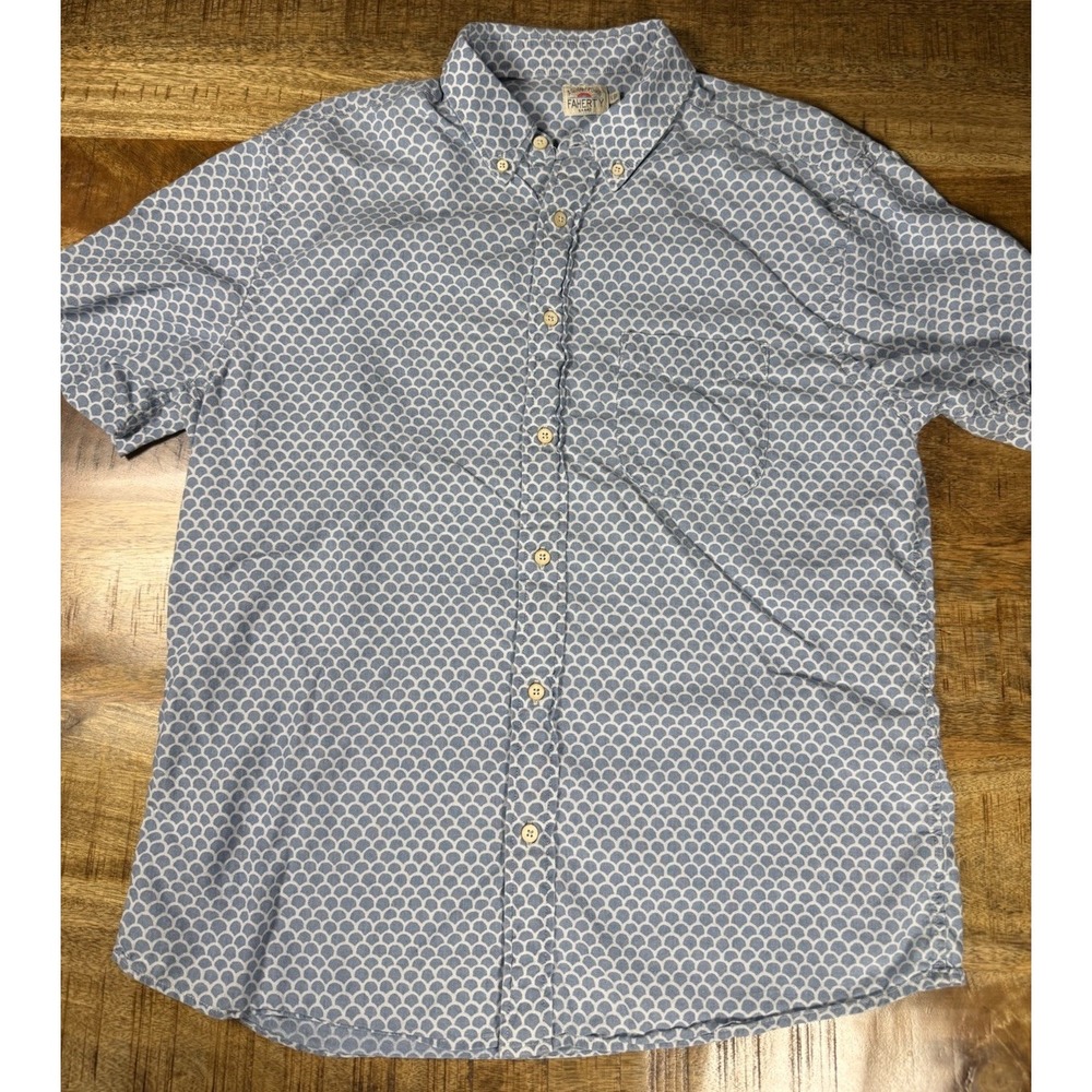 Faherty Brand Mens L Blue White Geo Print Short Sleeve Button Shirt Cotton